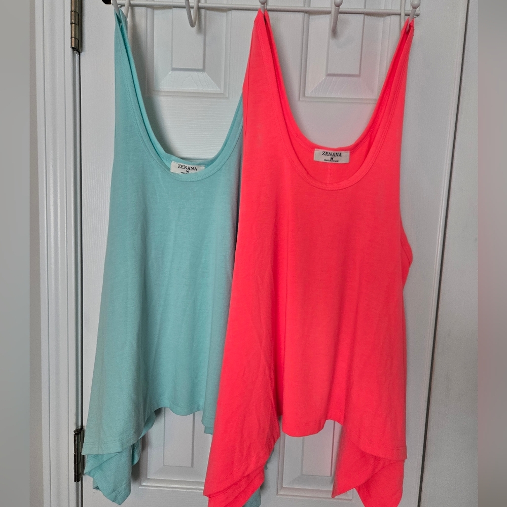 Zenana Outfitters Women's Scoop Bundle of 2 Tanks Coral Pink Aqua Blue Size M
